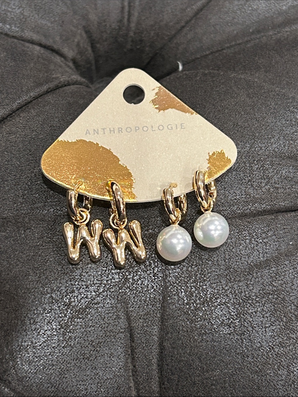 Anthropologie Gold Initial W and Pearl Hoop Charm Set